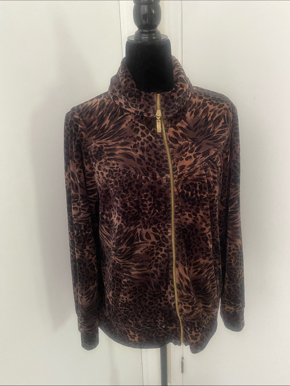 Style & Co. Sport Leopard-Print Zip Front Velvet Jacket Brown & Black Size Large